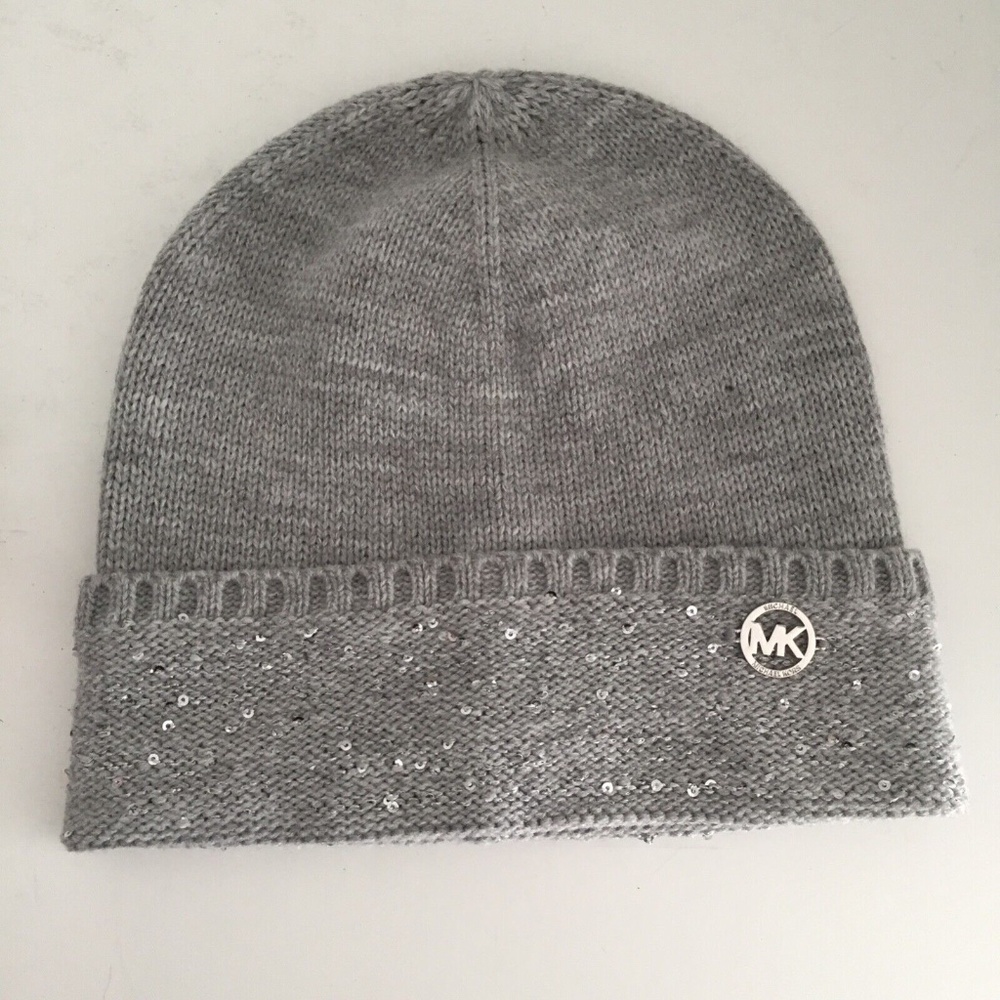 Michael Kors Women's Sequin-Striped Cuff Hat Gray Silver Knit One Size NWOT